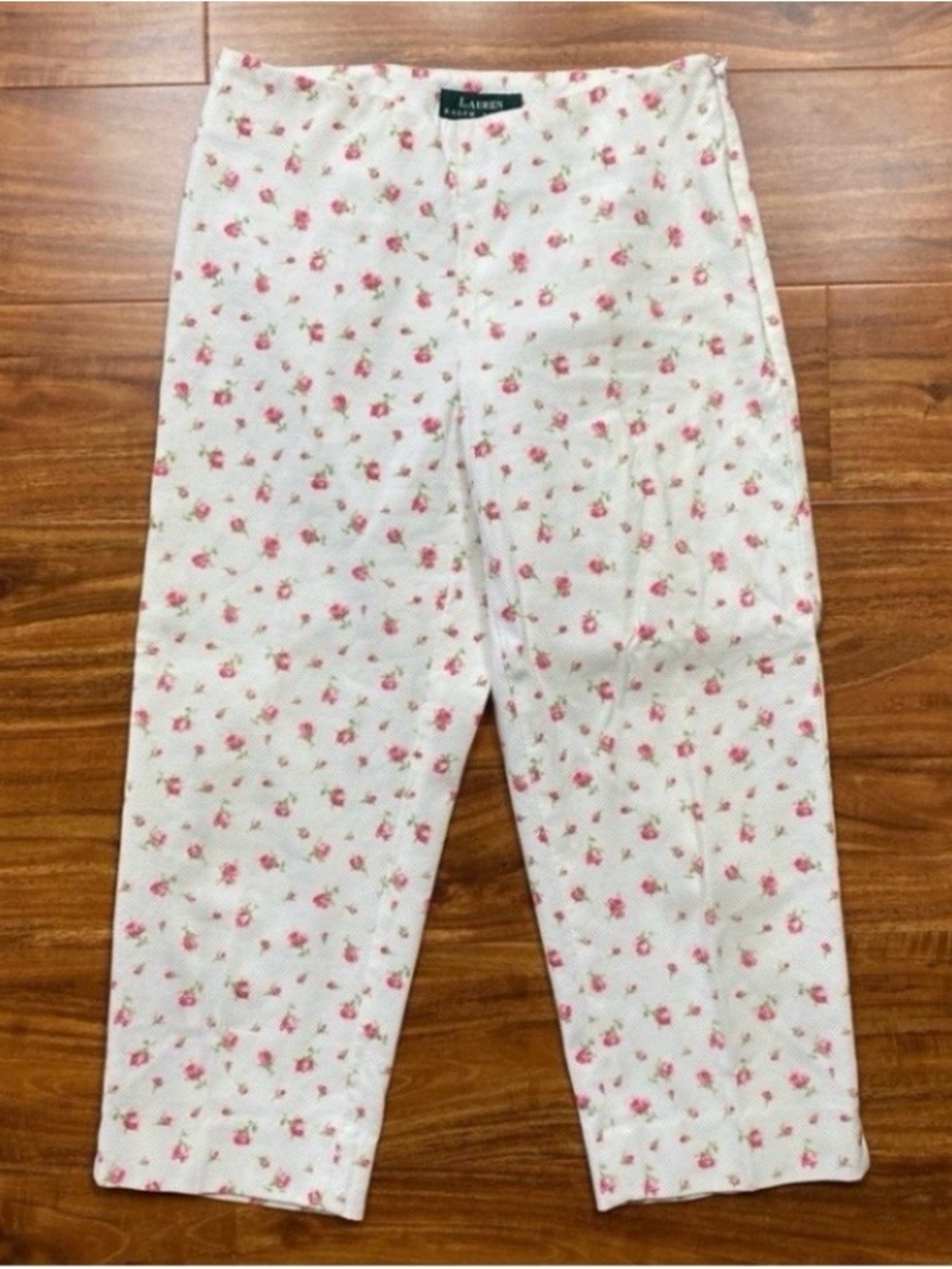Lauren Ralph Lauren Womens White Pink Floral Cotton Capri Pant 2P Preppy Coastal